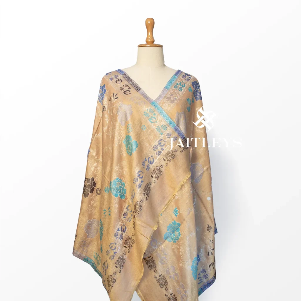 beige modal scarf with bold floral motifs and zari cut work