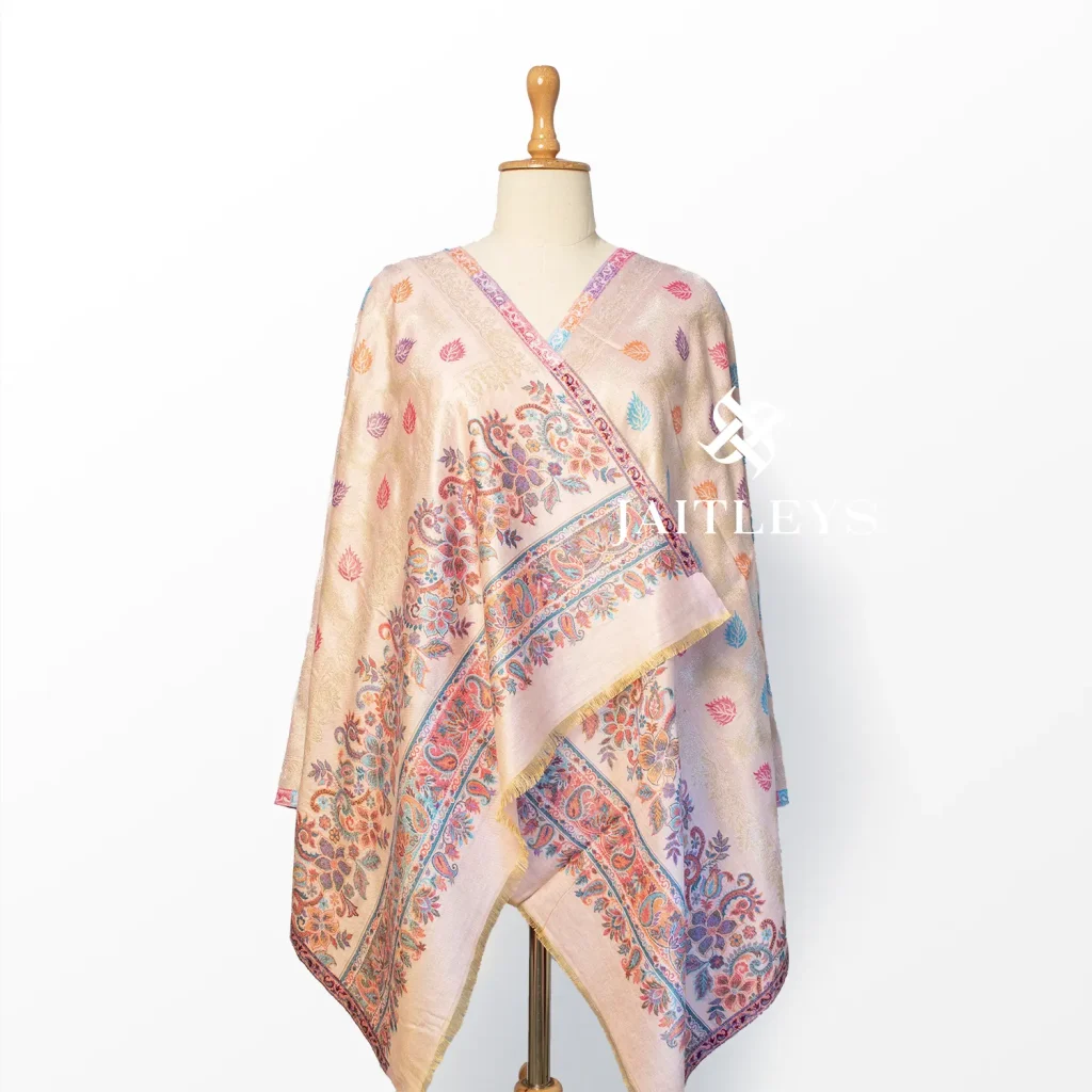 beige chinar patta maple leaf pattern stole scarf made in india