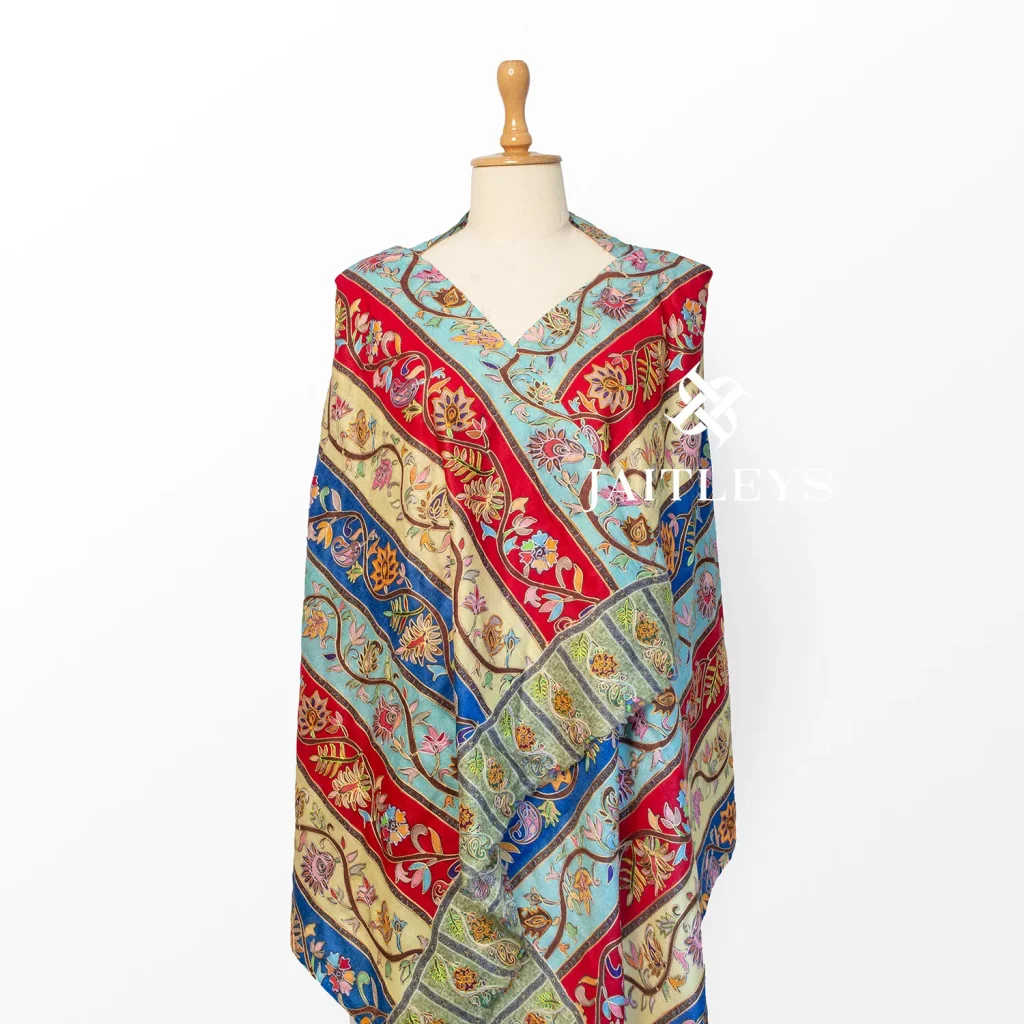 floral vine embroidery in vertical stripes pattern on kalamkari print scarf made india by jaitleys
