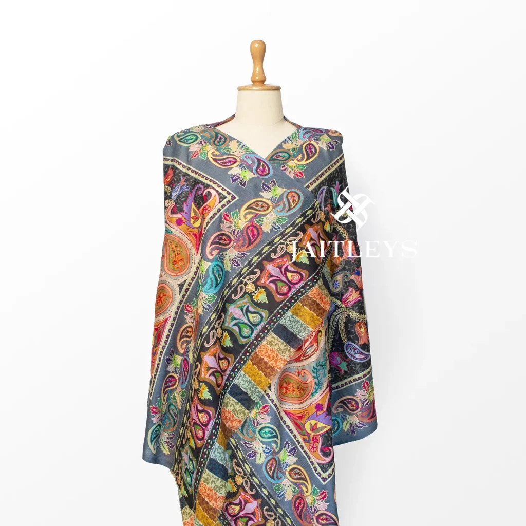 Grey paisley pattern kalamkari faux pashmina pashm wool stole scarf by jaitleys