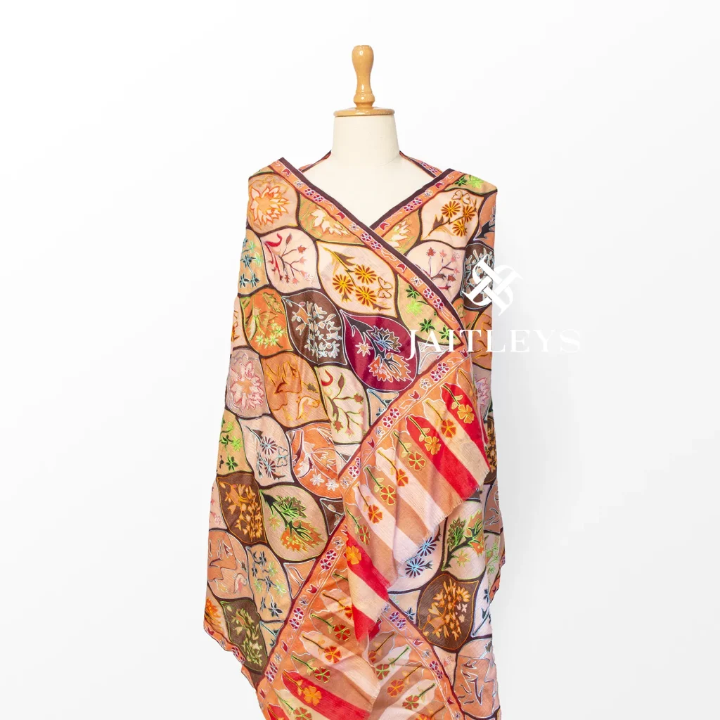 orange birds and flower pattern kashmiri embroidery scarf