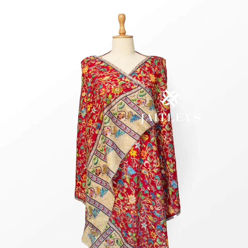 red floral vine jaal kalamkari embroidery stole scarf by jaitleys