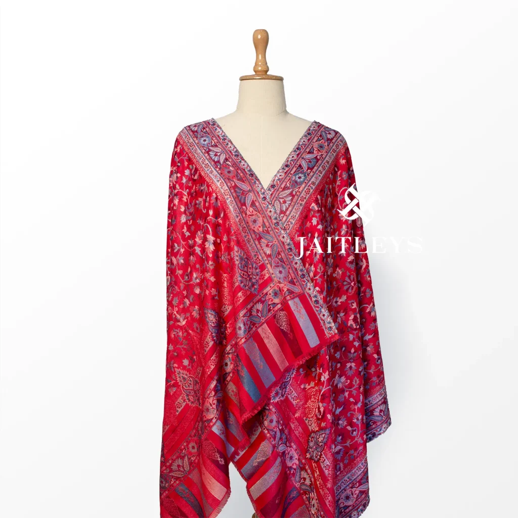 red paisley jamavar zari cut work scarf made in india by jaitleys