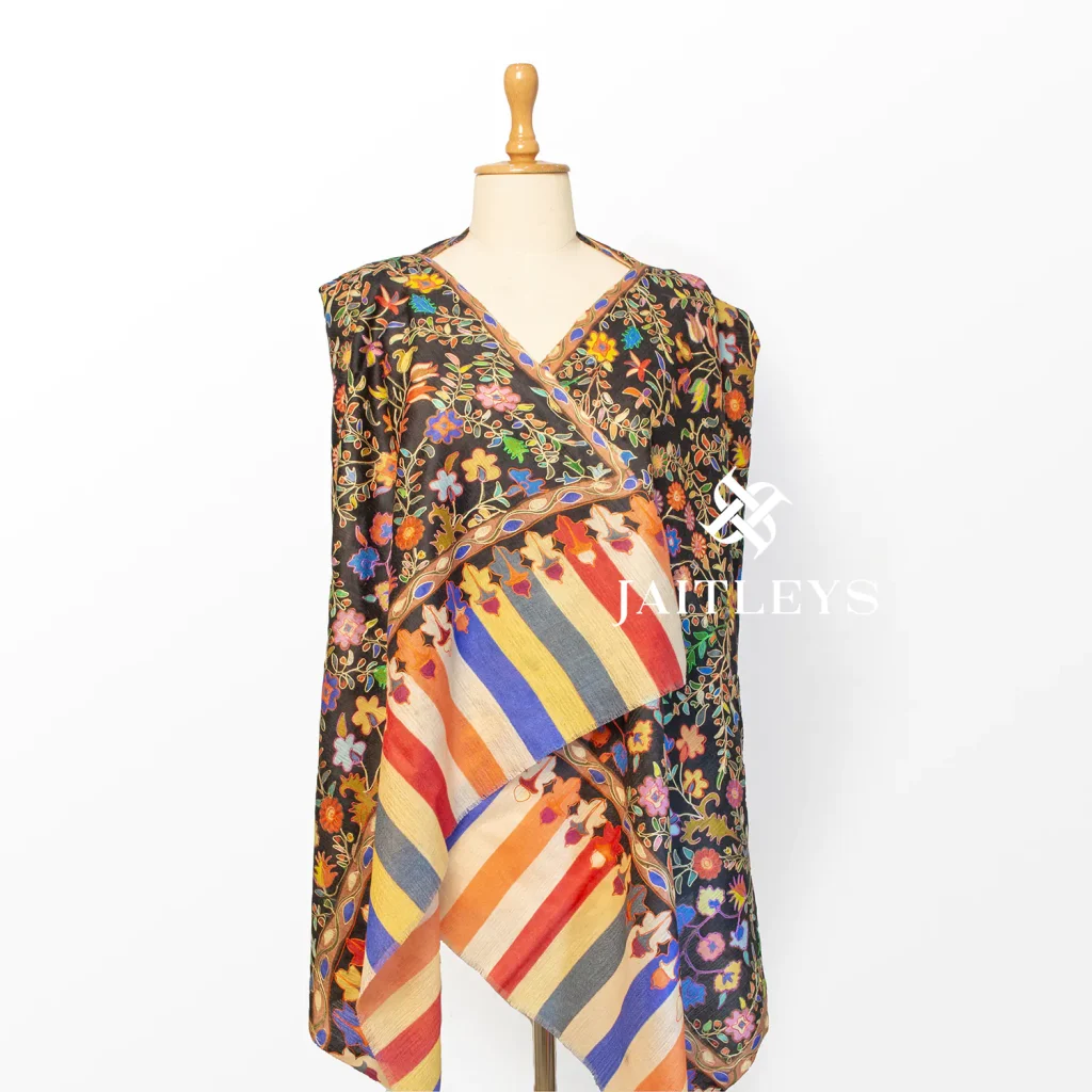 traditional kalamkari pashm stole with outlining embroidery by jaitleys