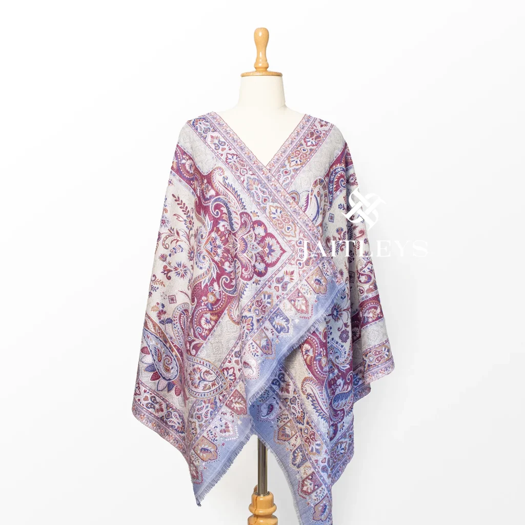 traditional indian paisley wool scarf with exquisite kashmiri style cut work