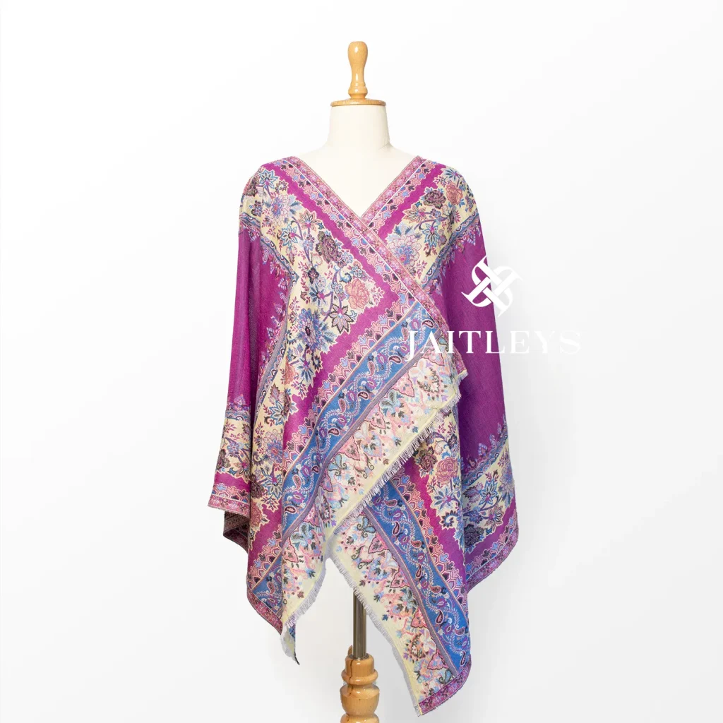 purple merino wool cut work scarf with contrasting beige border