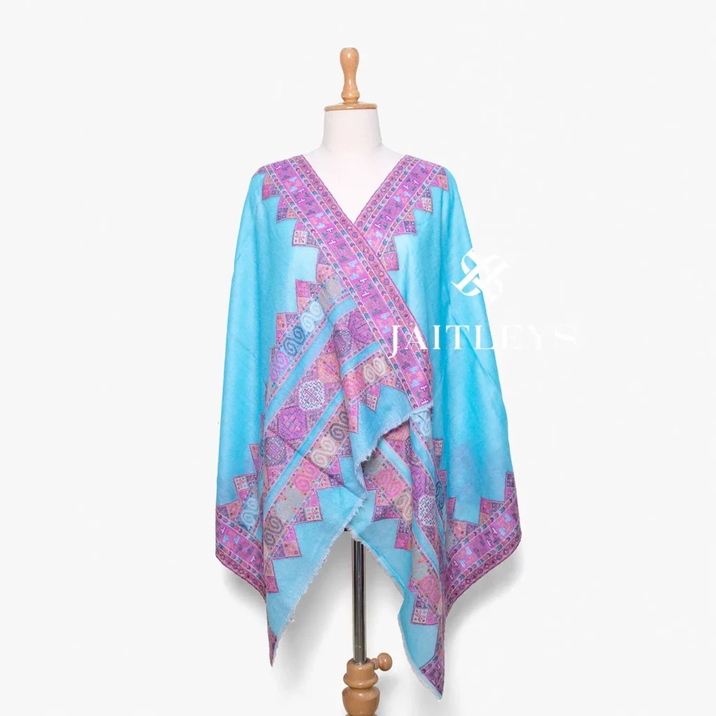 aqua blue kullu aztec design palla cut work pashmina shawl pashm wool scarf made in india by Jaitleys