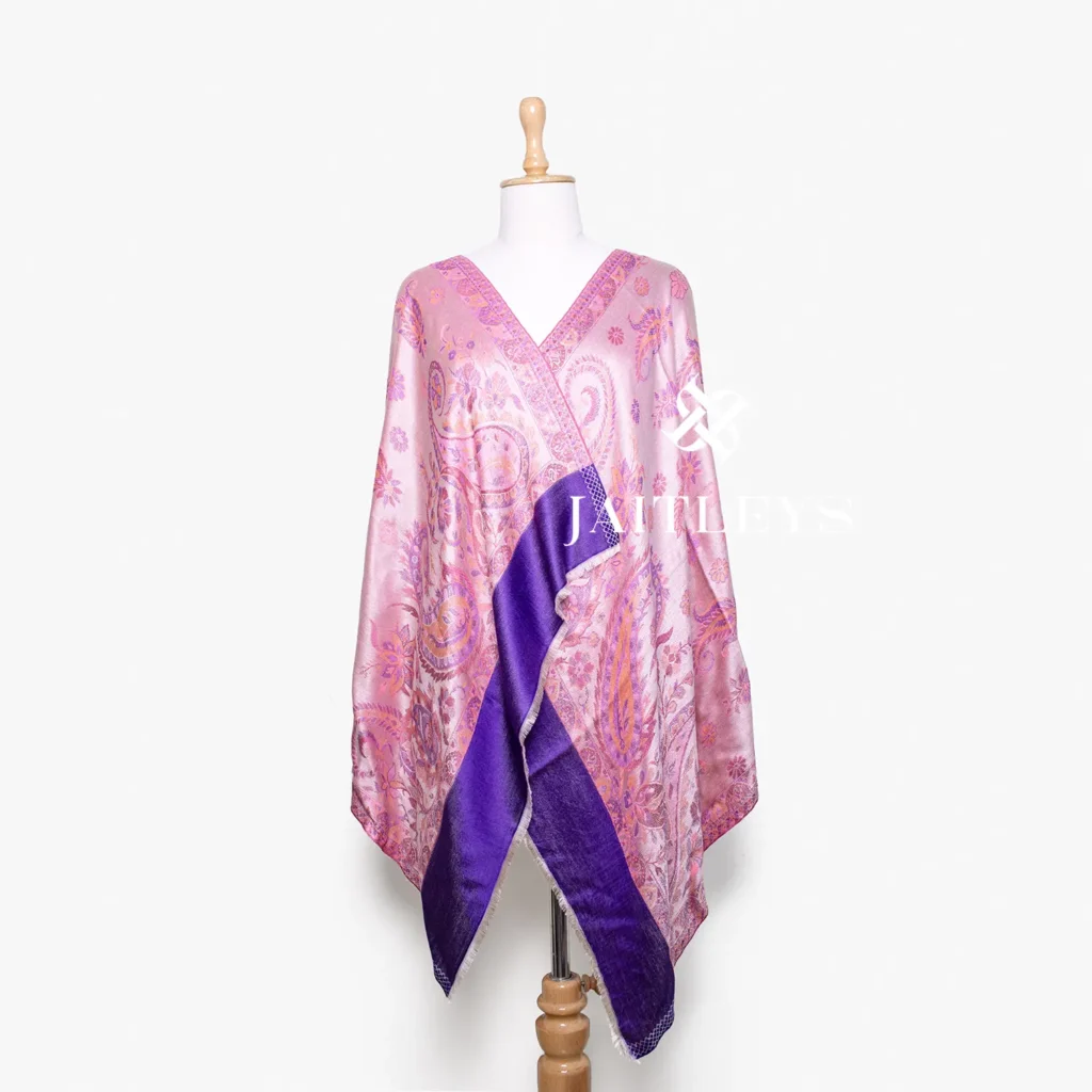 Beige modal kashmiri paisley stole purple satin pallu scarf from india