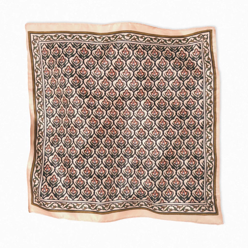 Peach vintage leaf pattern mulberry silk twill pocket square laid flat – handcrafted luxury scarf
