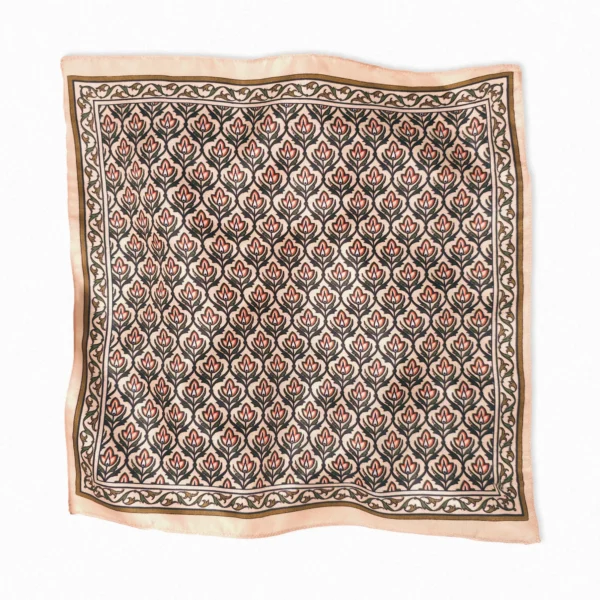 Peach vintage leaf pattern mulberry silk twill pocket square laid flat – handcrafted luxury scarf