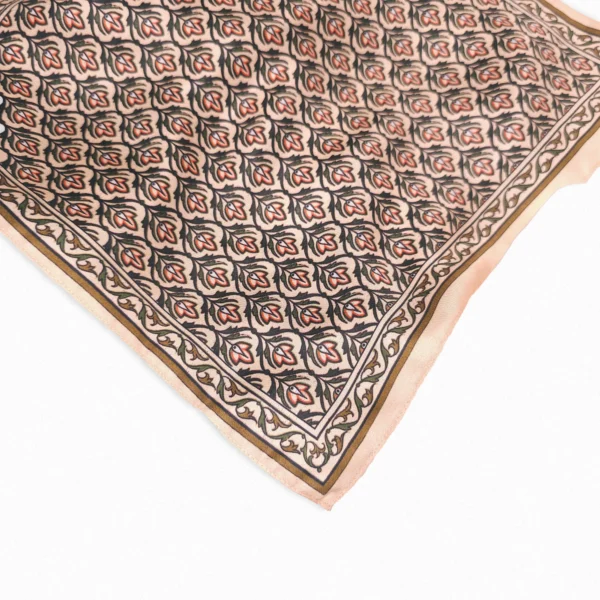 Baby hem edges on peach vintage silk pocket square scarf – premium artisan finish