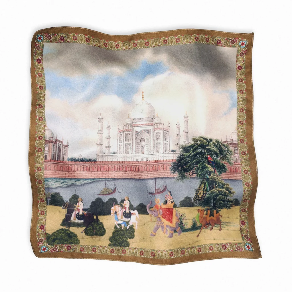 Luxury Taj Mahal motif silk twill pocket square featuring Mughal entourage design, handcrafted in India