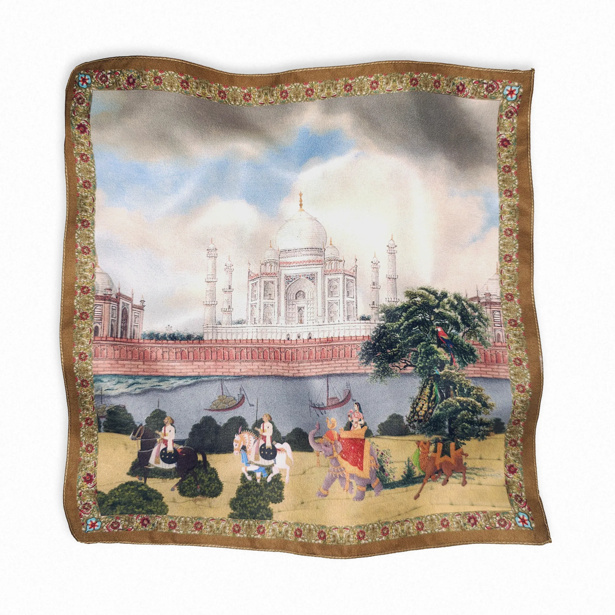 Luxury Taj Mahal motif silk twill pocket square featuring Mughal entourage design, handcrafted in India
