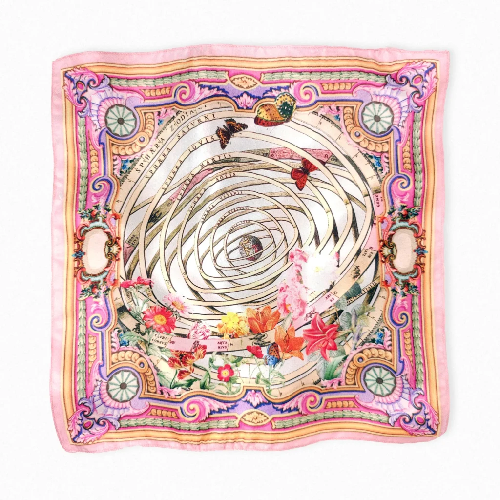 Zodiac Butterflies pure mulberry silk twill pocket square – flat lay showing vibrant celestial spiral and butterfly print, 30x30 cm, made in india