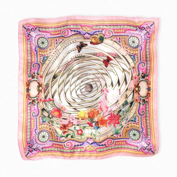 Zodiac Butterflies pure mulberry silk twill pocket square – flat lay showing vibrant celestial spiral and butterfly print, 30x30 cm, made in india