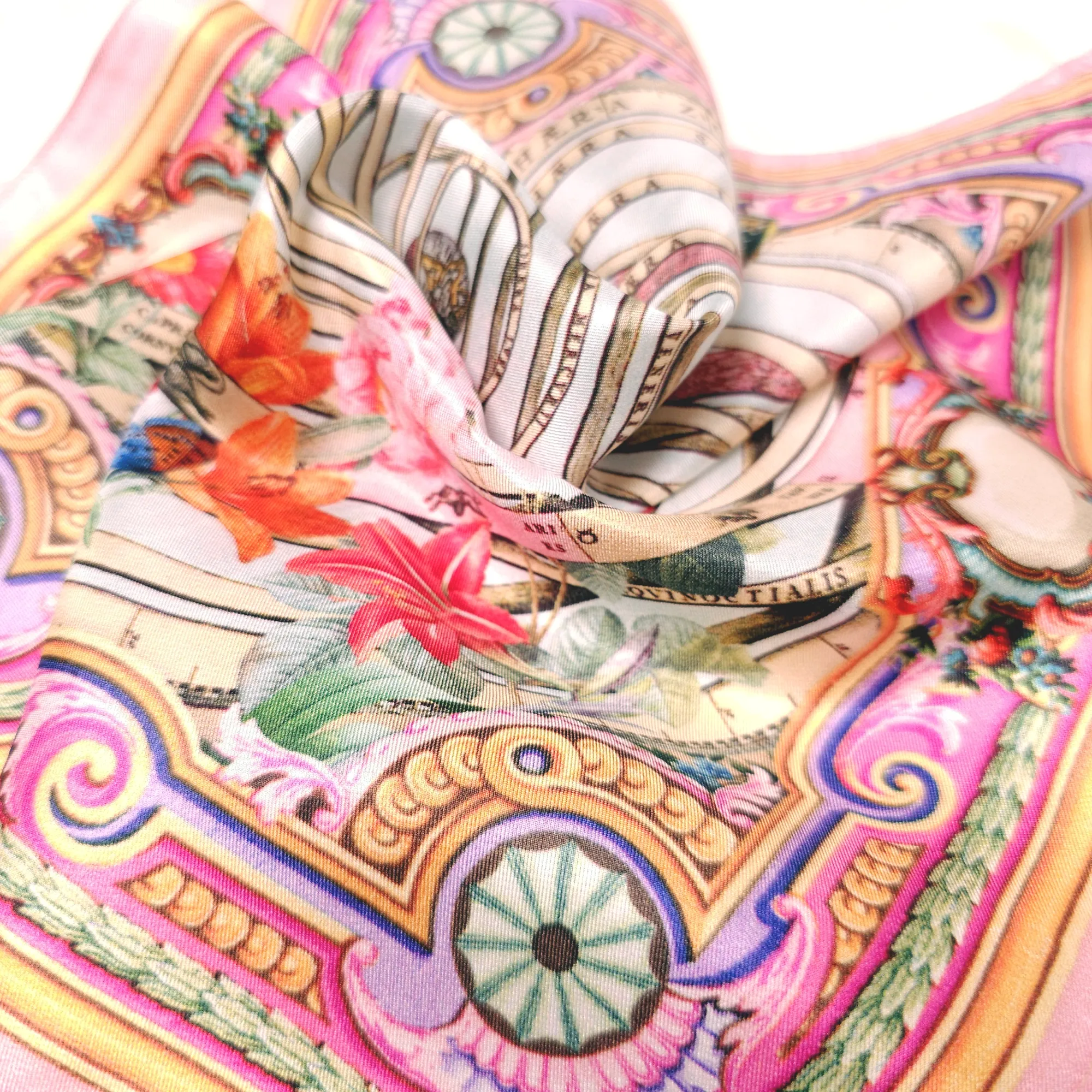 Luxury silk twill pocket square with zodiac and butterfly design – close-up of fine digital print using Japanese inks